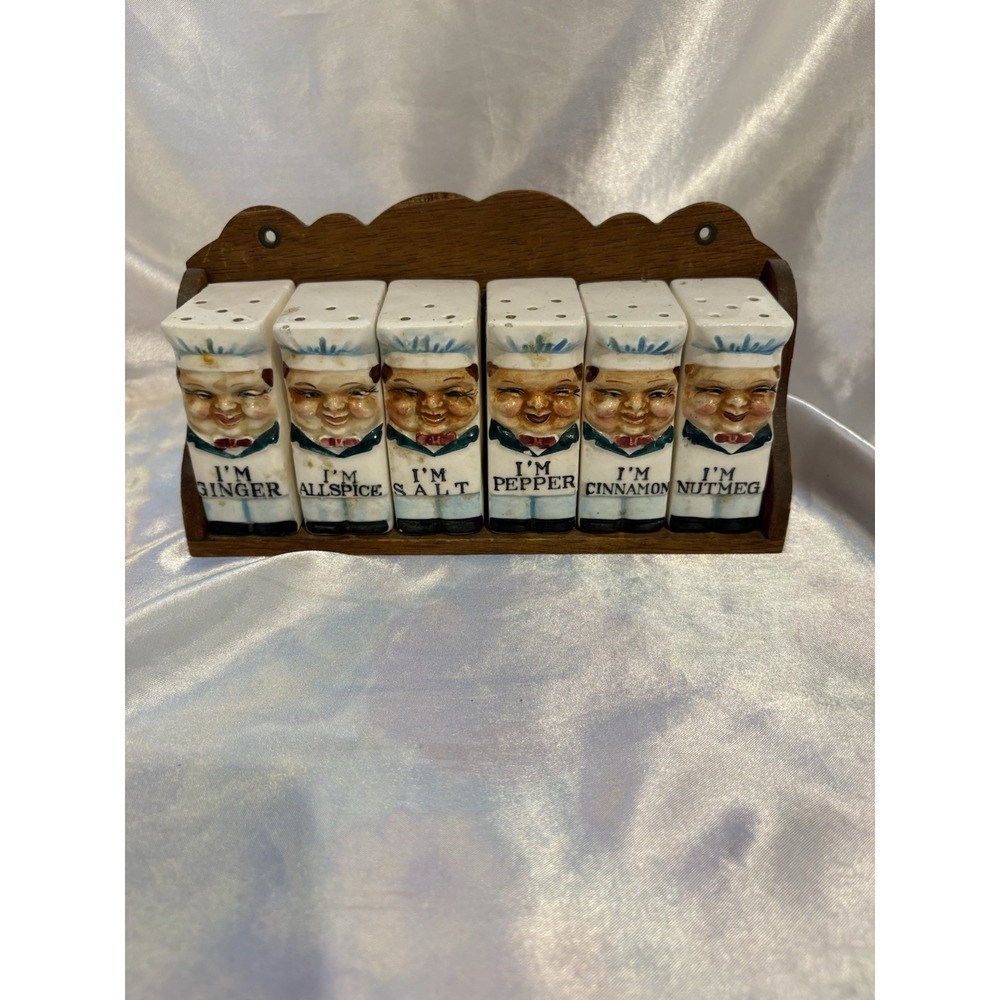 Vintage 6 Pc Spice Shaker Set w/Wooden Wall Shelf- circa 1950's- Japan as is